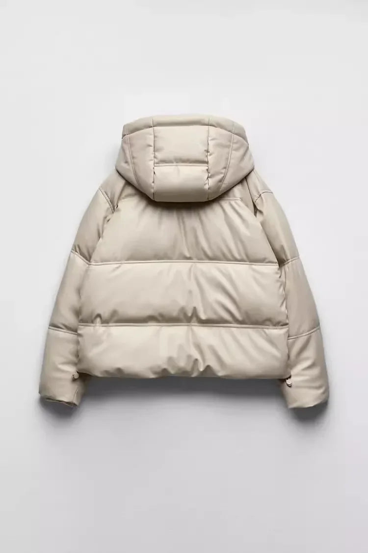 Women's Autumn Winter New Thickened Warm PU Imitation Leather Short Hooded Padded Jacket Top Faux Leather Parka Jacket Coat