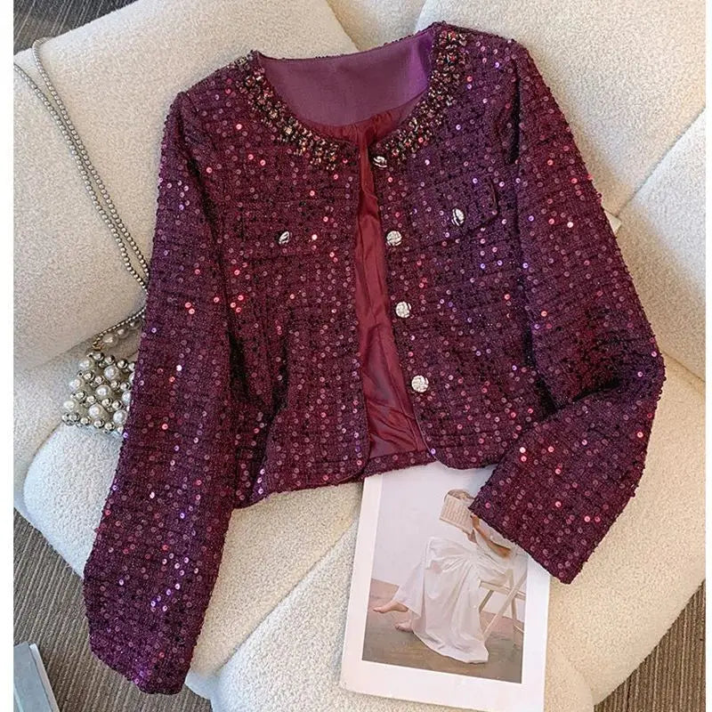 Luxury Beading Tweed Jacket Fall Winter New Vintage Sequins Women Woolen Coat Elegant Office Lady Single Breasted Outerwear 611P