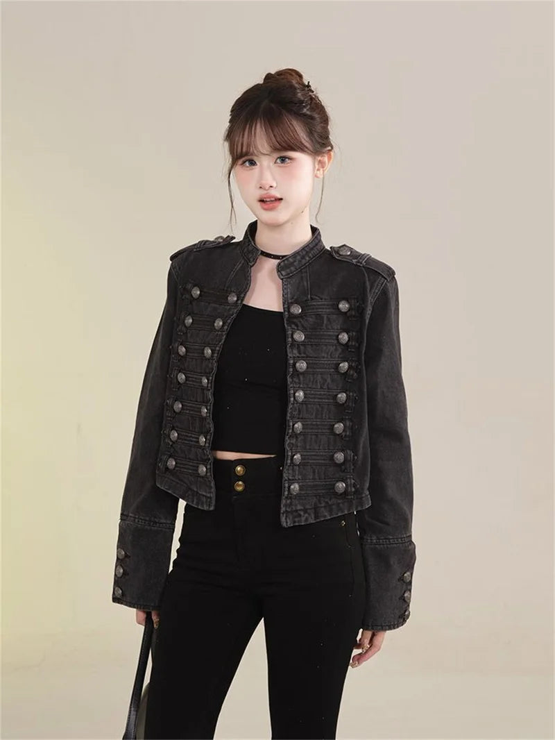 Women's American Retro Denim Military Inspired Cropped Denim Jacket Long Sleeve Stand Collar Jeans Coat Casual Motorcycle Coat