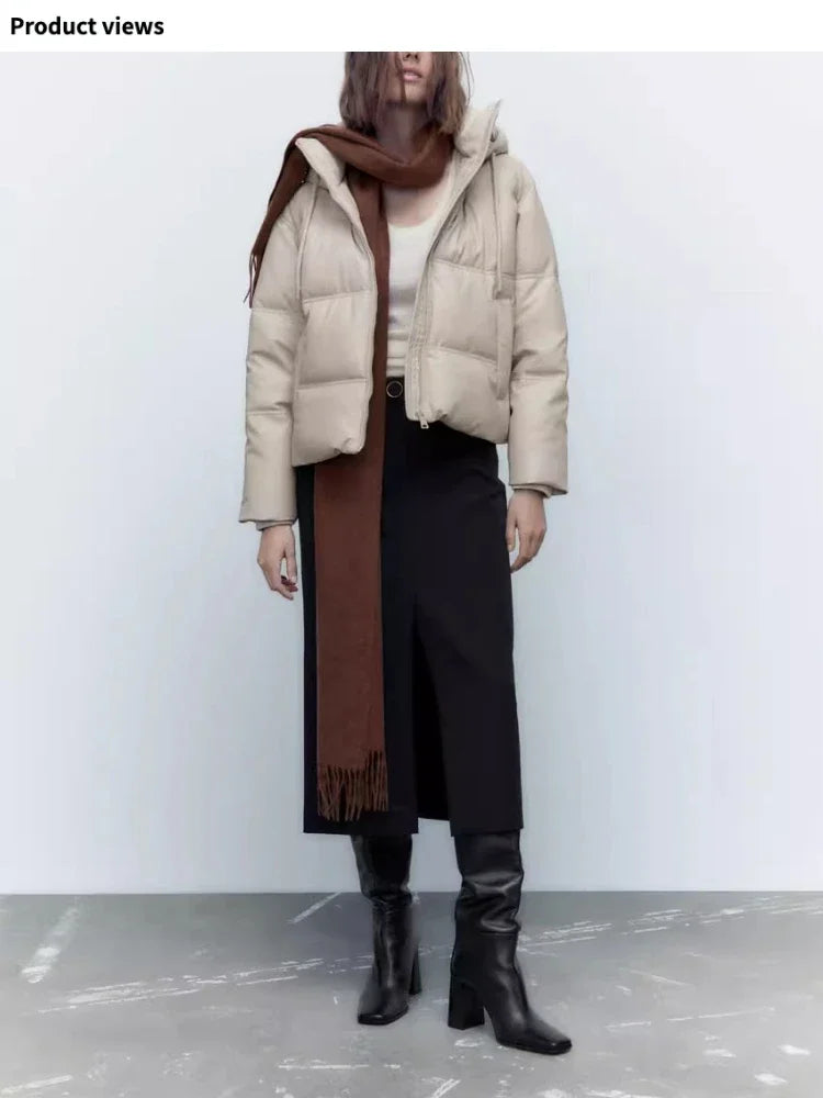 Women's Autumn Winter New Thickened Warm PU Imitation Leather Short Hooded Padded Jacket Top Faux Leather Parka Jacket Coat