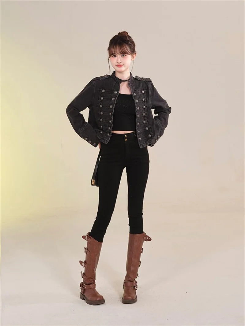 Women's American Retro Denim Military Inspired Cropped Denim Jacket Long Sleeve Stand Collar Jeans Coat Casual Motorcycle Coat