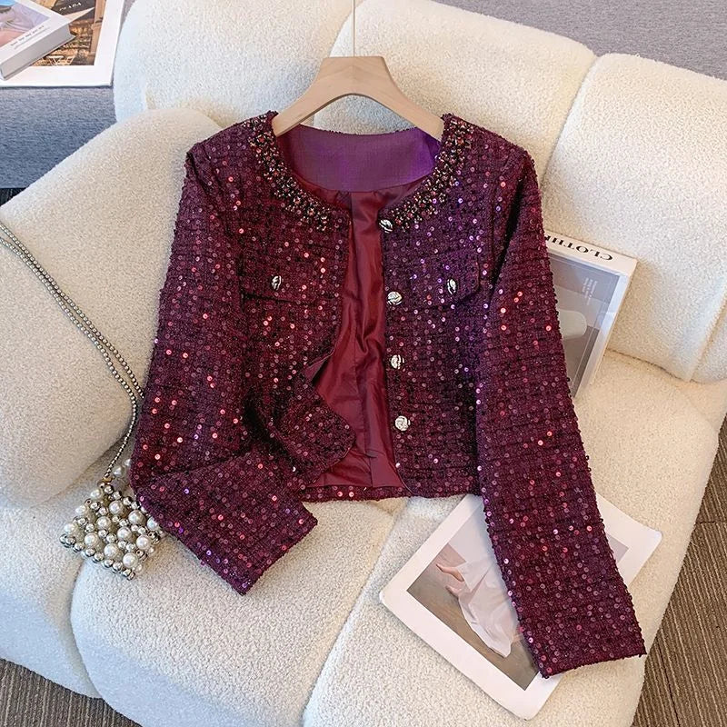 Luxury Beading Tweed Jacket Fall Winter New Vintage Sequins Women Woolen Coat Elegant Office Lady Single Breasted Outerwear 611P