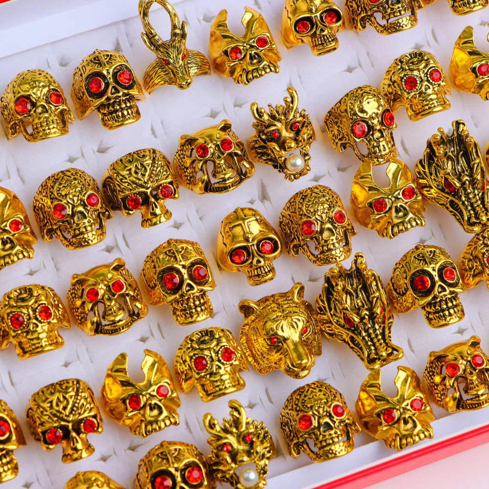 20Pcs/Lot Vintage Punk Gothic Skull Ring for Women Men Retro Owl Skeleton Hip Animal Hop Party Gift Finger Jewelry Mix Style