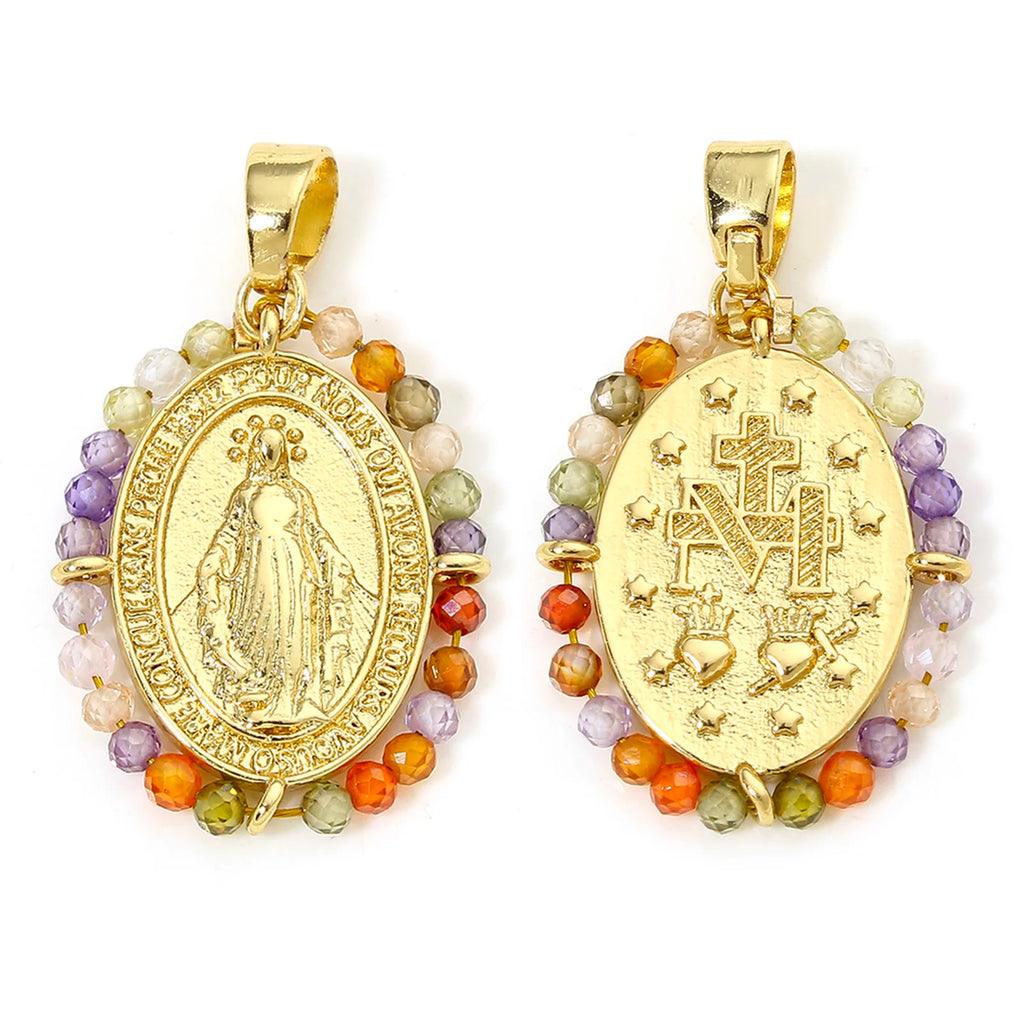1pc Religious Gold Color Brass Charm Multicolor Glass Beads Virgin Mary Cross Pendant DIY Necklace Jewelry Gift 28.5mm x 17.5mm