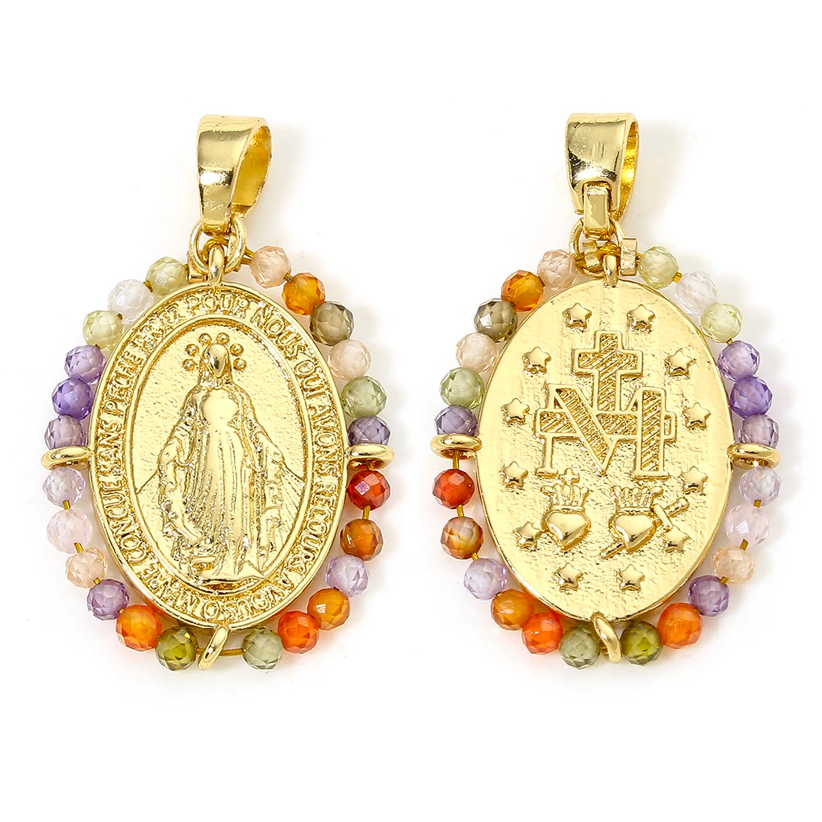 1pc Religious Gold Color Brass Charm Multicolor Glass Beads Virgin Mary Cross Pendant DIY Necklace Jewelry Gift 28.5mm x 17.5mm
