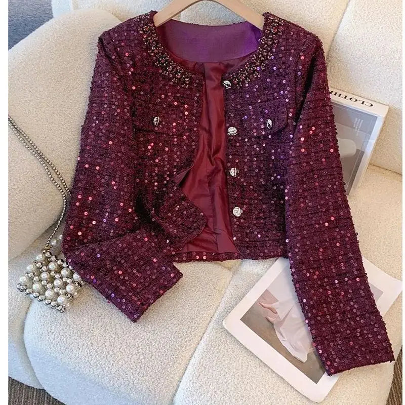 Luxury Beading Tweed Jacket Fall Winter New Vintage Sequins Women Woolen Coat Elegant Office Lady Single Breasted Outerwear 611P