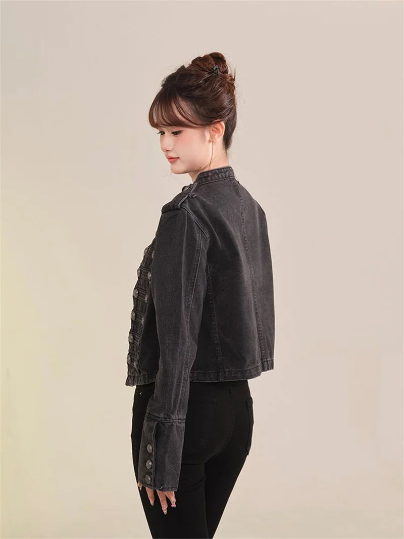 Women's American Retro Denim Military Inspired Cropped Denim Jacket Long Sleeve Stand Collar Jeans Coat Casual Motorcycle Coat