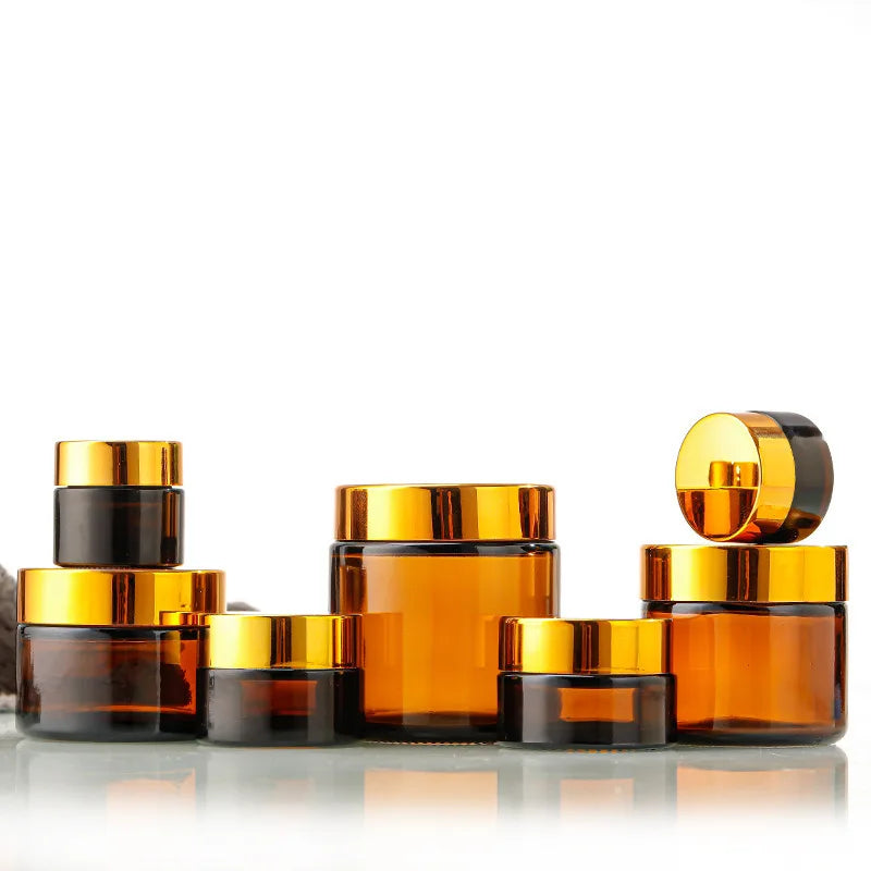Amber Glass Jar Metal Golden Lid Light-Protection Skincare Face Cream Mask Lotion Gel Powder Bottle Pots Candle Refill Container