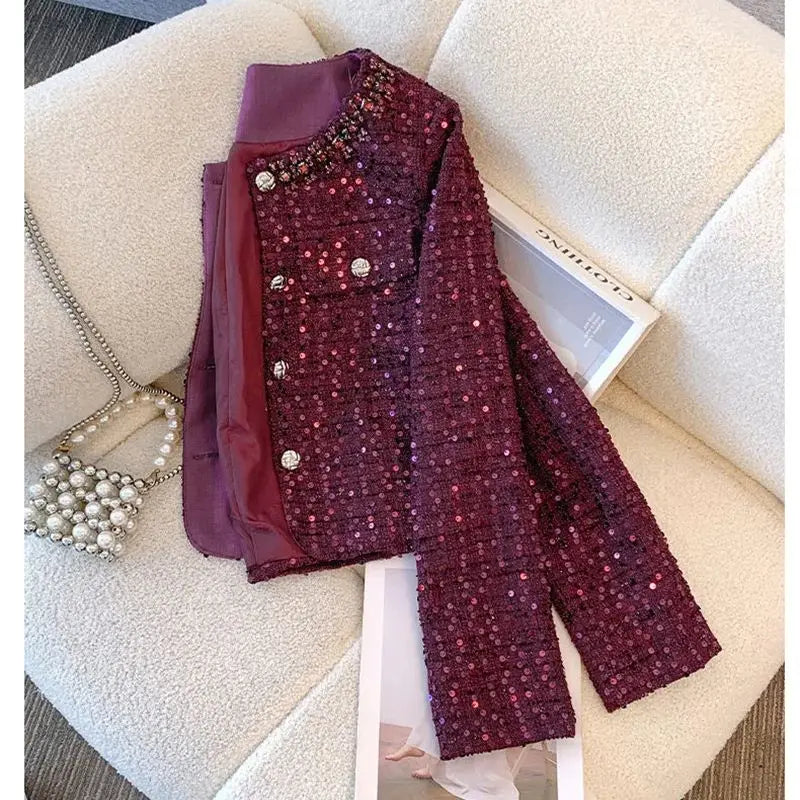 Luxury Beading Tweed Jacket Fall Winter New Vintage Sequins Women Woolen Coat Elegant Office Lady Single Breasted Outerwear 611P