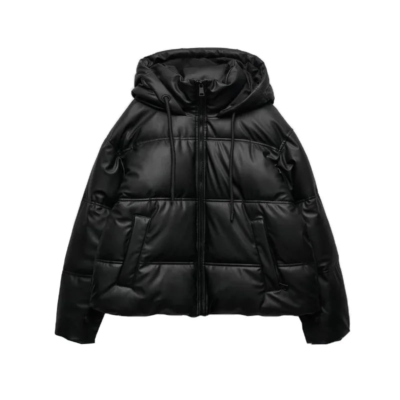 Women's Autumn Winter New Thickened Warm PU Imitation Leather Short Hooded Padded Jacket Top Faux Leather Parka Jacket Coat