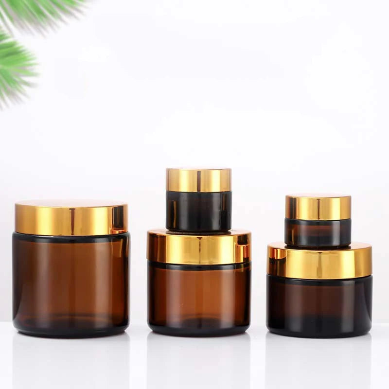 Amber Glass Jar Metal Golden Lid Light-Protection Skincare Face Cream Mask Lotion Gel Powder Bottle Pots Candle Refill Container