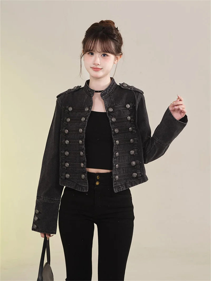 Women's American Retro Denim Military Inspired Cropped Denim Jacket Long Sleeve Stand Collar Jeans Coat Casual Motorcycle Coat