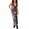 Women Slip Dress Sleeveless V-neck Tie-up Flower Print Long Dress Lace Patchwork Summer Dress for Cocktail Party