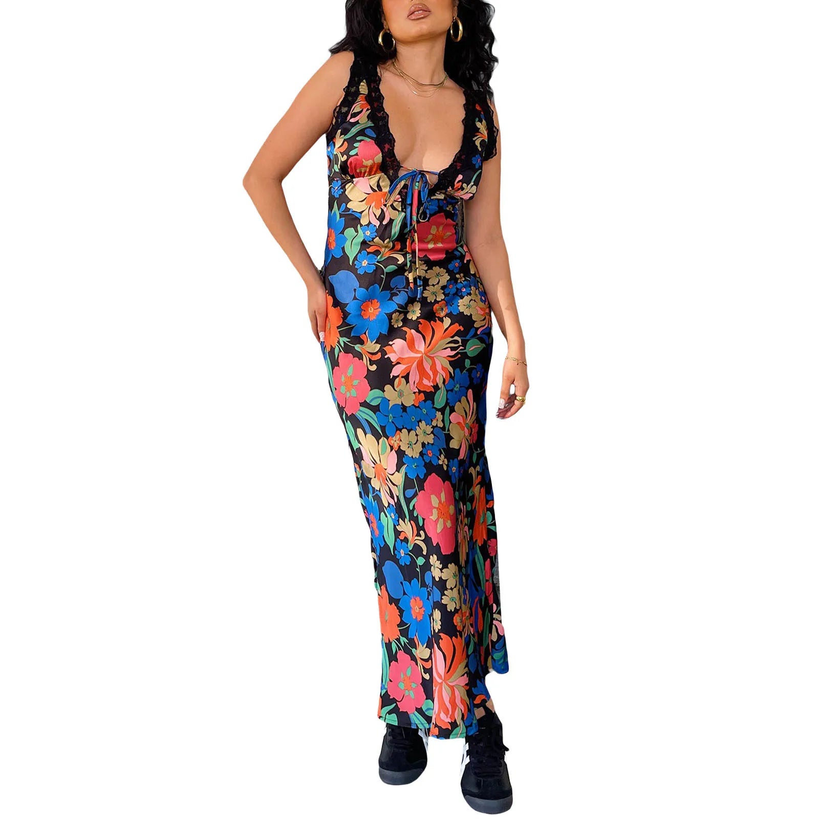 Women Slip Dress Sleeveless V-neck Tie-up Flower Print Long Dress Lace Patchwork Summer Dress for Cocktail Party