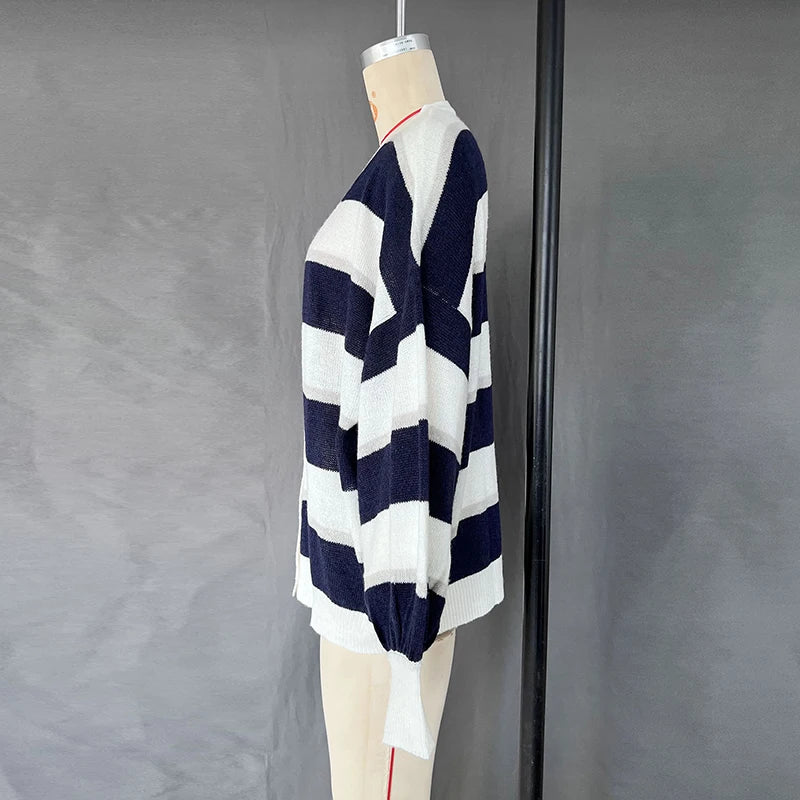 TARUXY Fashion Striped Sweater Cardigan With Scarf Female Loose Thin Hollow Knitted Top Lantern Sleeve Contrast Color Retro Top