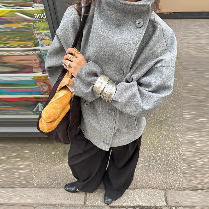 Loose Stand Collar Women's Woolen Coats Long Sleeve Single Breasted Pockets Jacket 2025 Autumn Winter Lady Outerwear Street