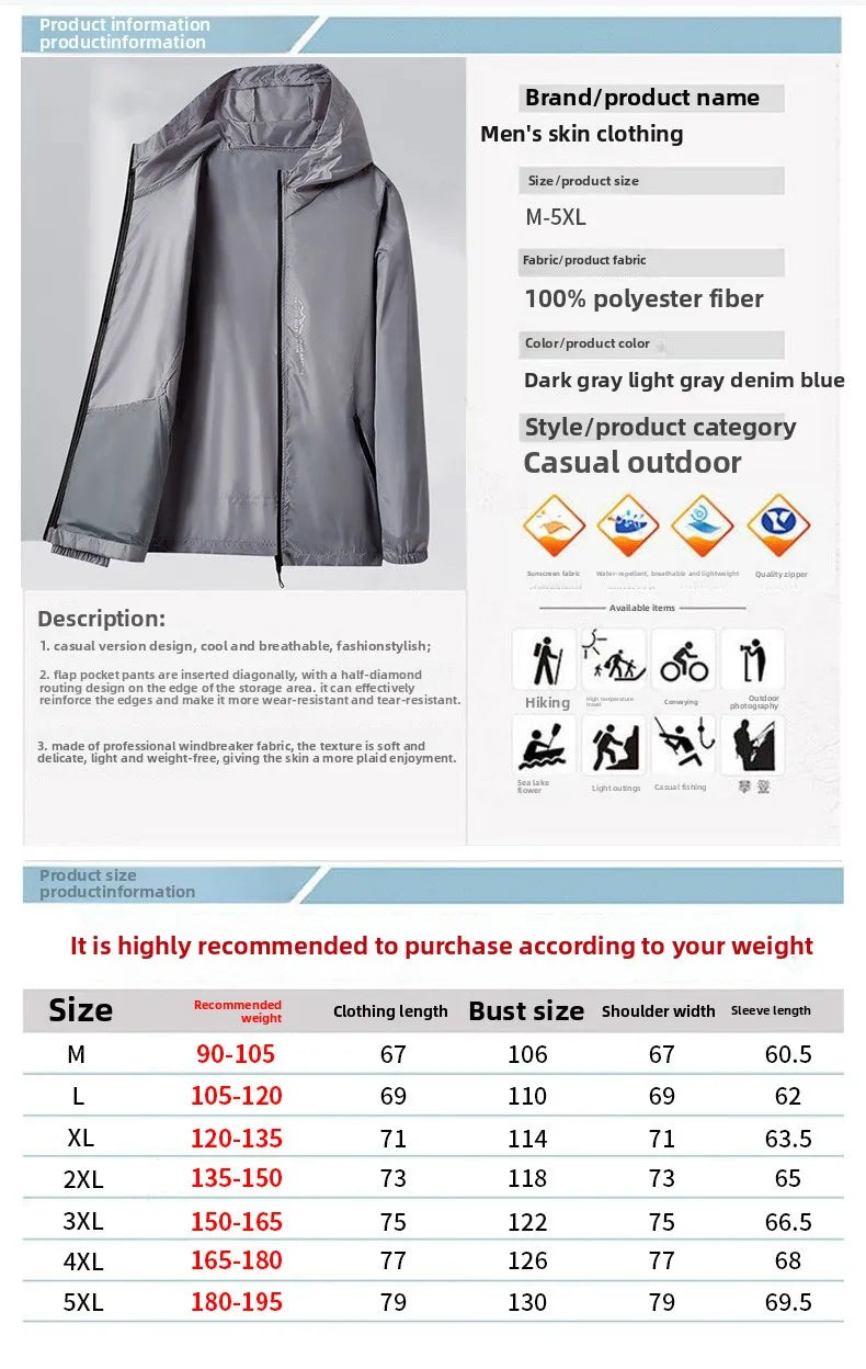 Summer Men's Sunscreen Jacket Ultra Light Ice Silk Breathable UPF50+UV Resistant Cycling Coat City Commuter Outdoor Hiking Jacke