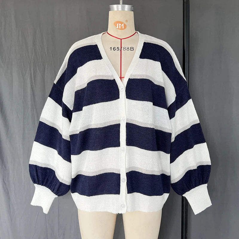 TARUXY Fashion Striped Sweater Cardigan With Scarf Female Loose Thin Hollow Knitted Top Lantern Sleeve Contrast Color Retro Top