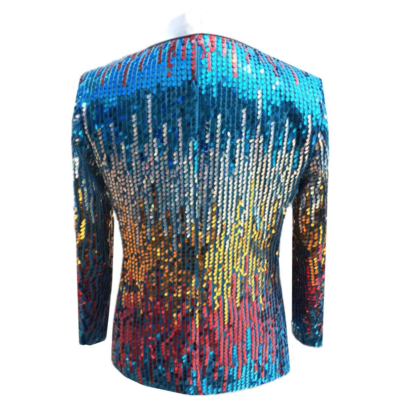 Fashion Men Sequins Suit Slim Fit Jacket Host Singer Pianist Stage Performance Luxury Dress One Button Blazer