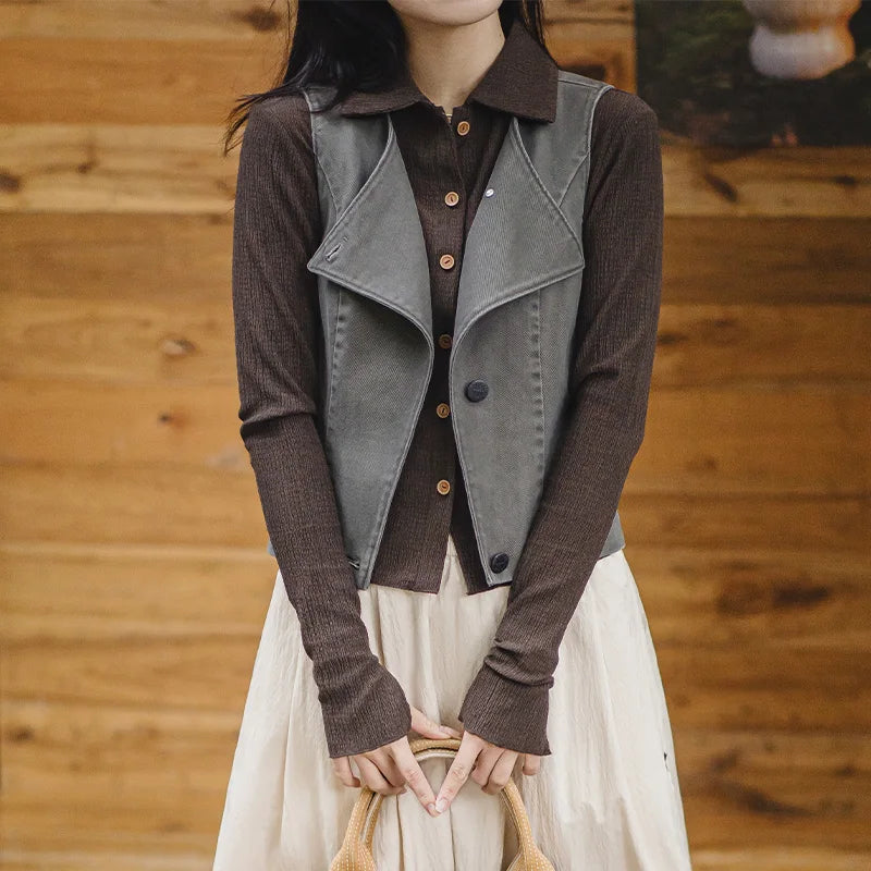 Maden Casual Sleeveless Cardigan Vest Women's Spring and Summer Vintage Single Breasted Layering Waistcoat Versatile Tank Tops