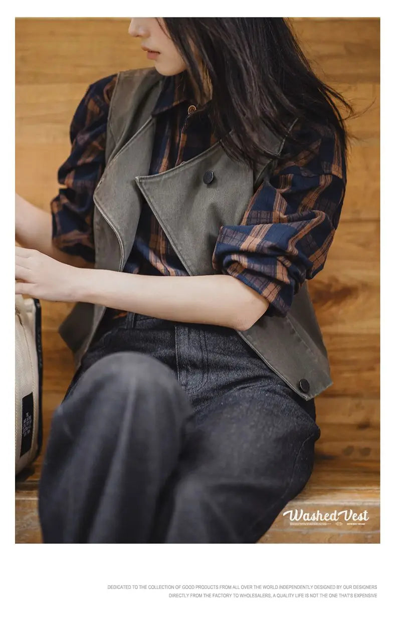 Maden Casual Sleeveless Cardigan Vest Women's Spring and Summer Vintage Single Breasted Layering Waistcoat Versatile Tank Tops