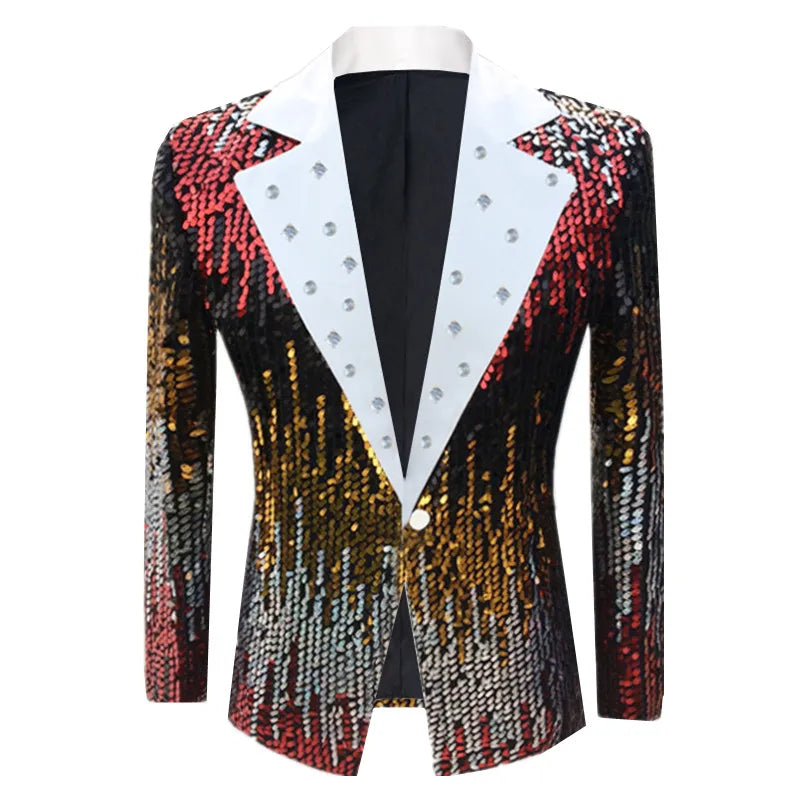 Fashion Men Sequins Suit Slim Fit Jacket Host Singer Pianist Stage Performance Luxury Dress One Button Blazer