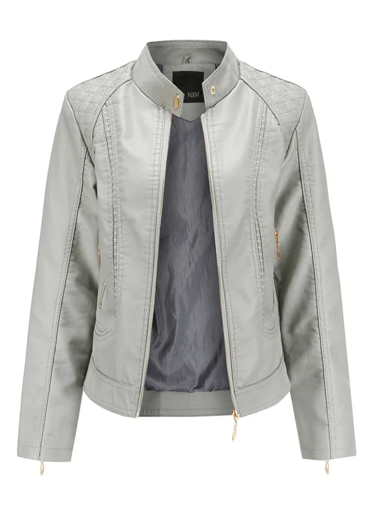 Women's Elegant Stand-up Collar Solid Jacket 2022 Female Three-dimensional Pattern Coat S-4XL New Pu Faux Leather Jacket Women