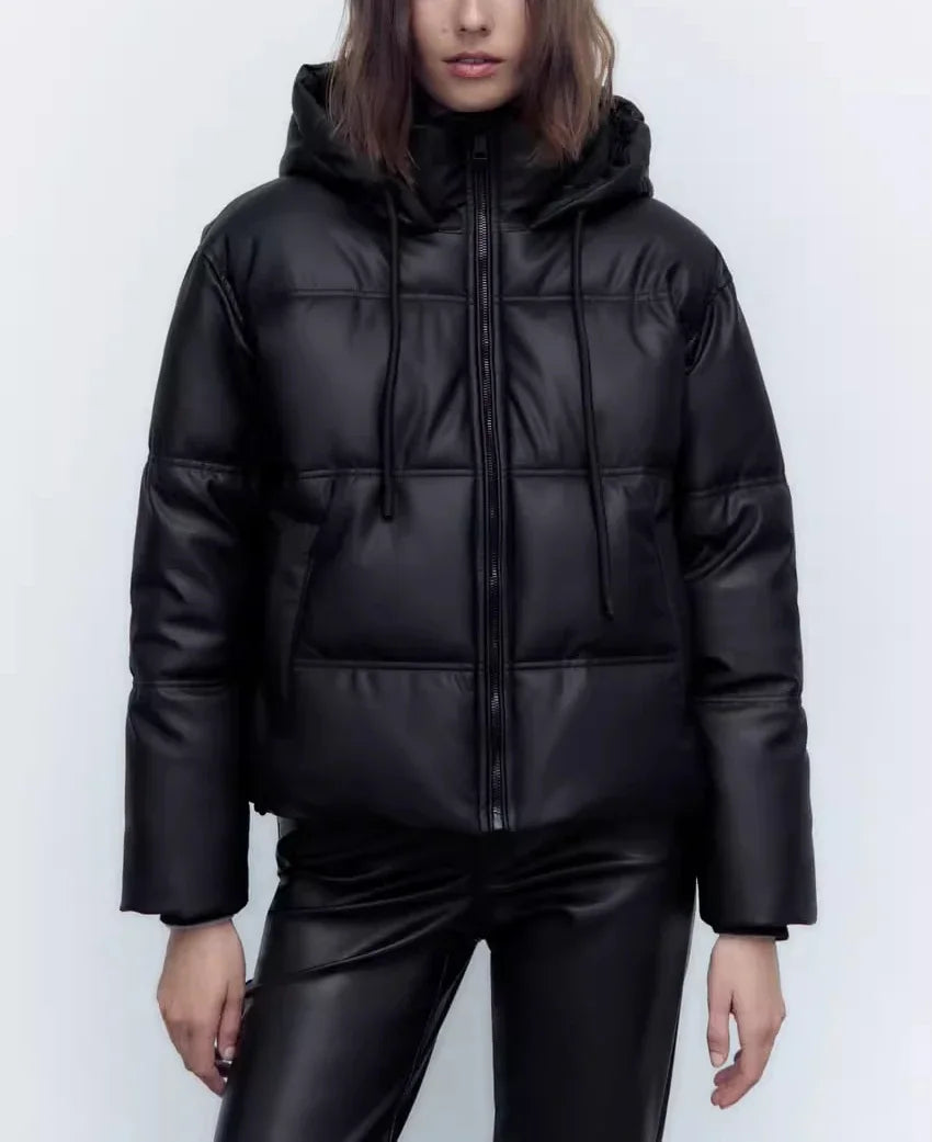 Women's Autumn Winter New Thickened Warm PU Imitation Leather Short Hooded Padded Jacket Top Faux Leather Parka Jacket Coat