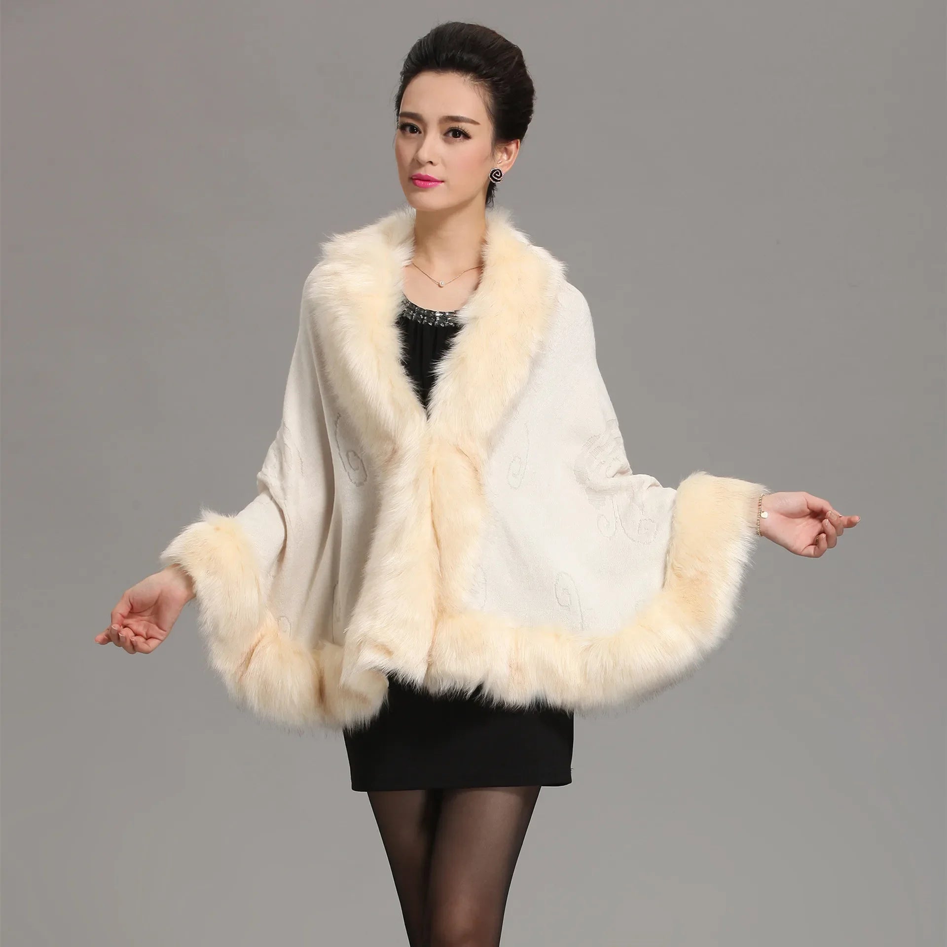 13 Colors Faux Fox Fur Collar Wool Cashmere Poncho Capes New Winter Women Black White Knitted Cardigan Loose Emboss Shawl Coat