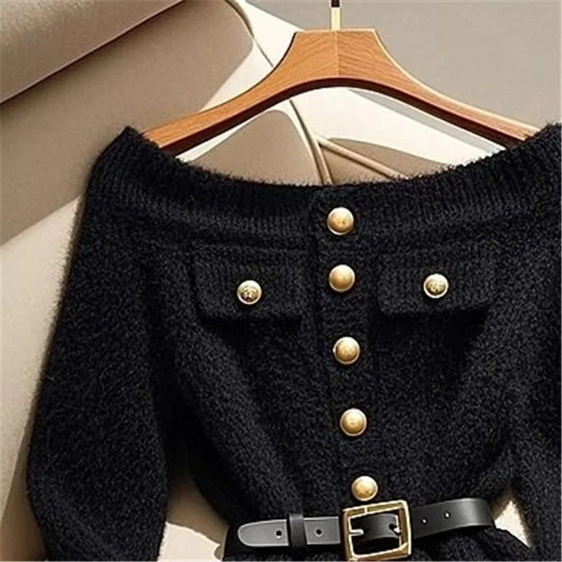 Limiguyue Autumn Winter Black Slash Neck Wool Cashmere Sweater Women Button Slim Waist Knit Cardigan Small Fragrance 447P