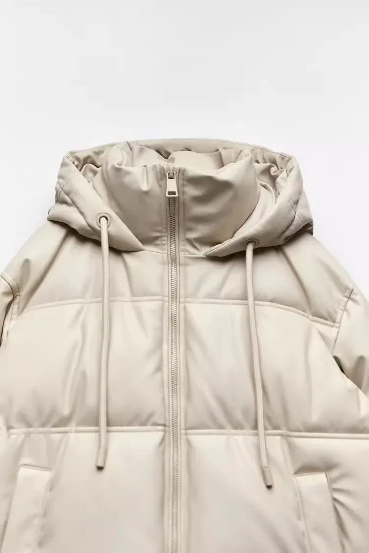 Women's Autumn Winter New Thickened Warm PU Imitation Leather Short Hooded Padded Jacket Top Faux Leather Parka Jacket Coat