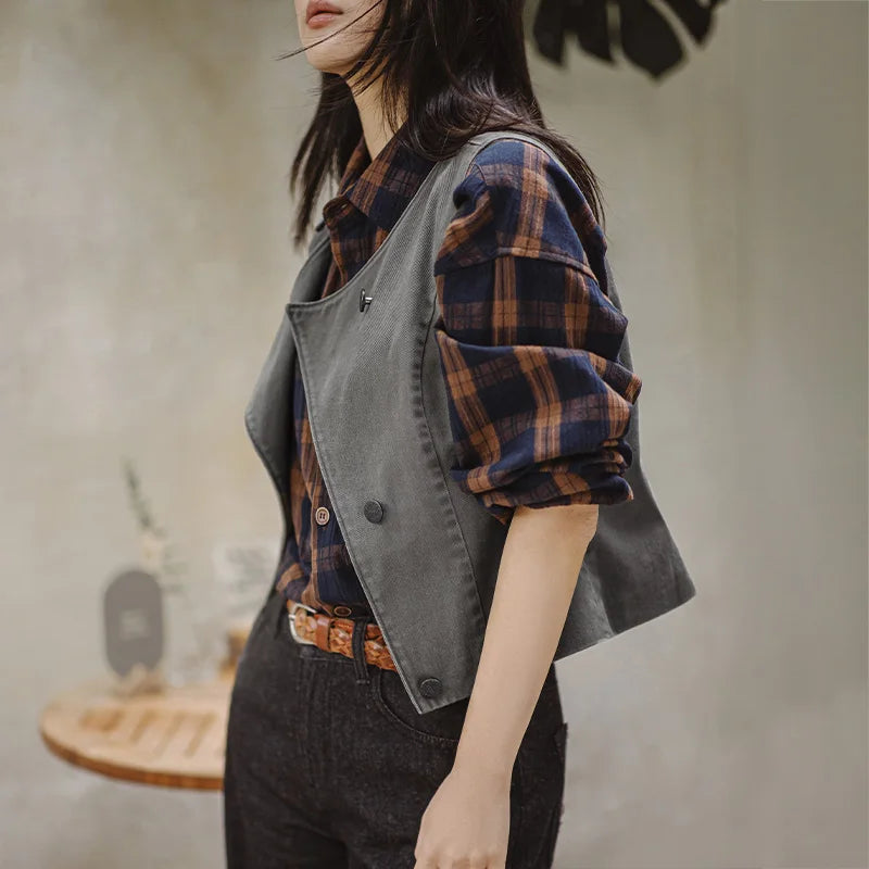 Maden Casual Sleeveless Cardigan Vest Women's Spring and Summer Vintage Single Breasted Layering Waistcoat Versatile Tank Tops