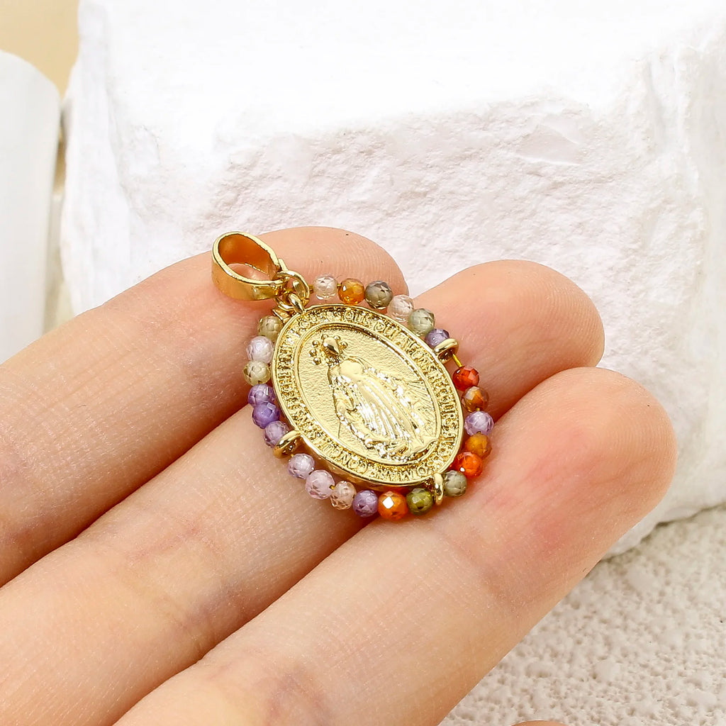 1pc Religious Gold Color Brass Charm Multicolor Glass Beads Virgin Mary Cross Pendant DIY Necklace Jewelry Gift 28.5mm x 17.5mm