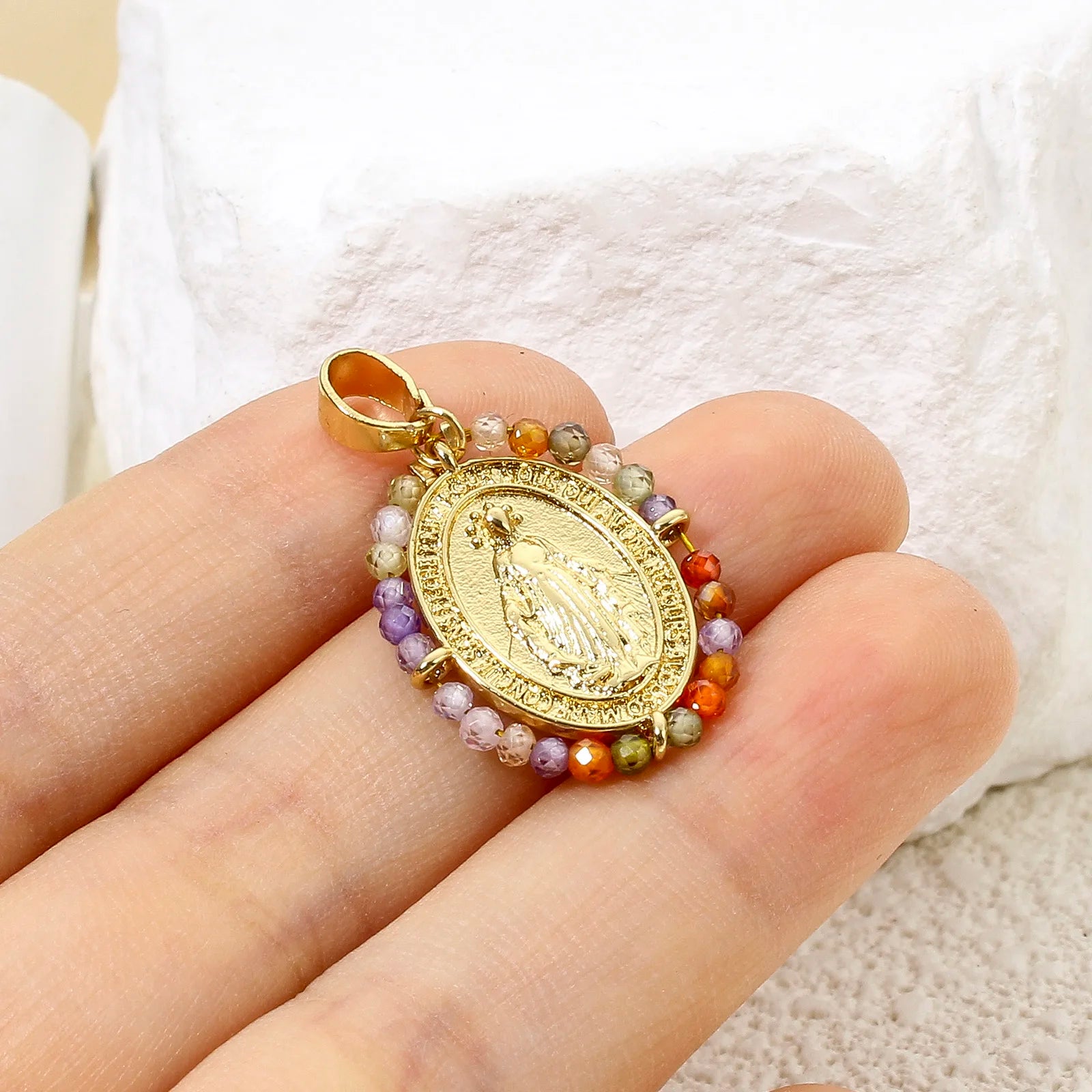 1pc Religious Gold Color Brass Charm Multicolor Glass Beads Virgin Mary Cross Pendant DIY Necklace Jewelry Gift 28.5mm x 17.5mm