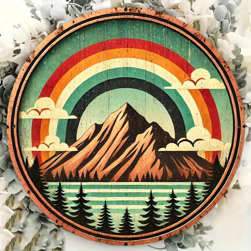 1pc Vintage Rainbow Mountain Design Metal Sign, Waterproof HD Print, 8x8 Inch Wall Decor for Home & Office