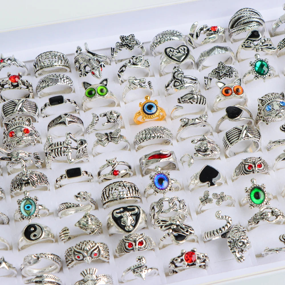 20Pcs/Lot Vintage Punk Gothic Skull Ring for Women Men Retro Owl Skeleton Hip Animal Hop Party Gift Finger Jewelry Mix Style