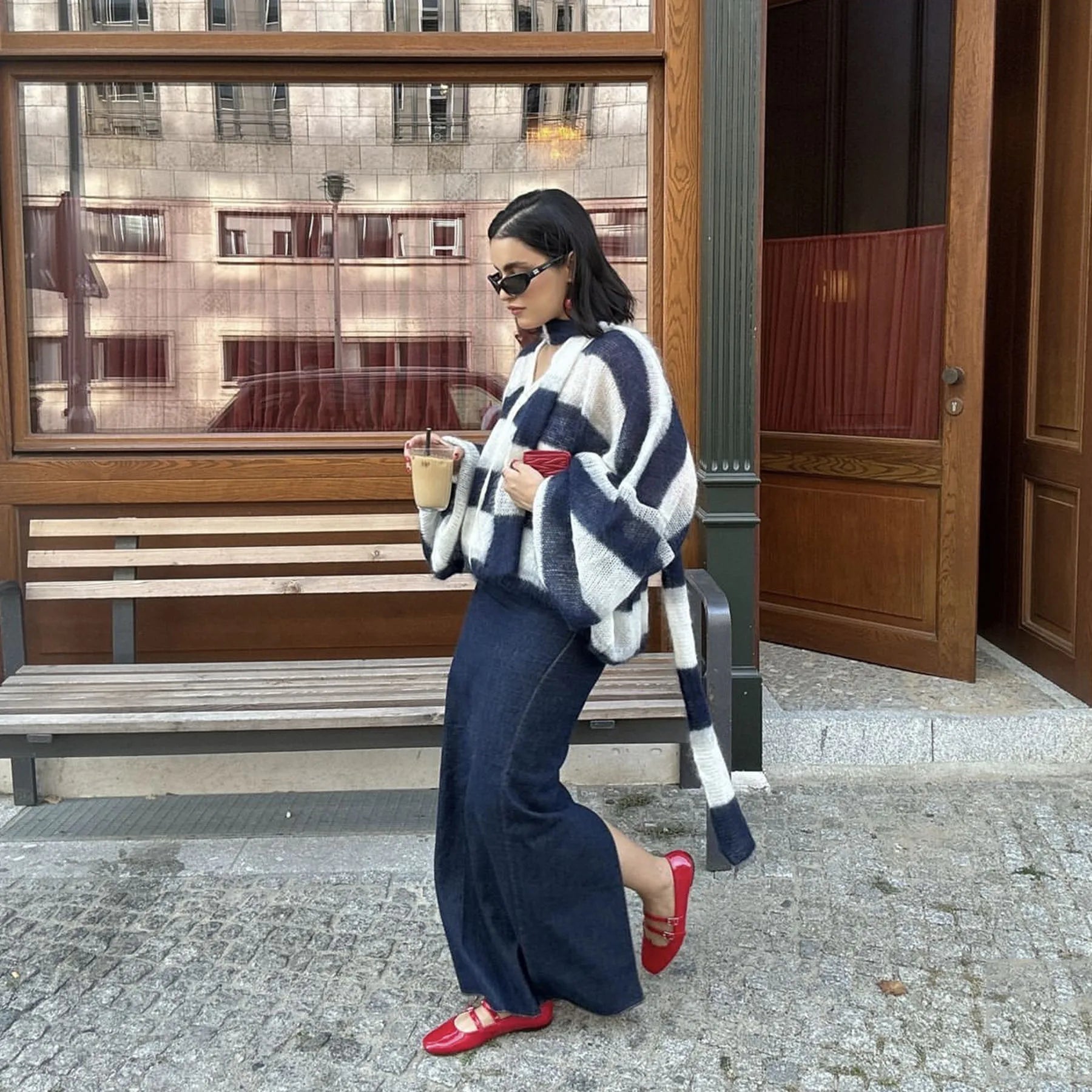 TARUXY Fashion Striped Sweater Cardigan With Scarf Female Loose Thin Hollow Knitted Top Lantern Sleeve Contrast Color Retro Top