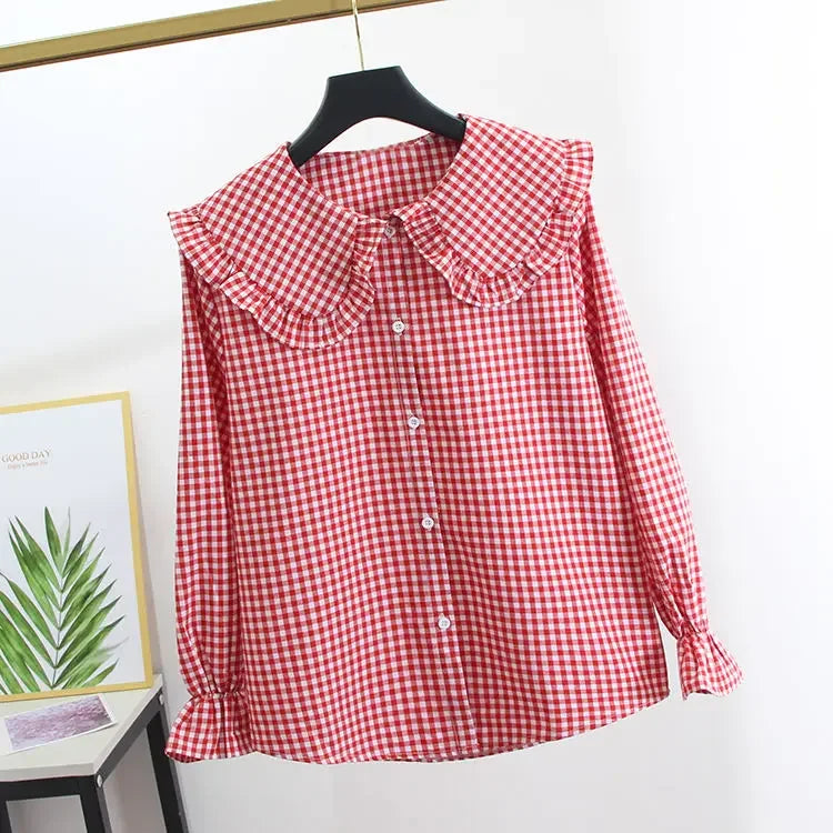 Women Blouse Spring Black  White Plaid Long Sleeve Loose-Fitting Shirt Coat Top Blusas Ropa De Mujer