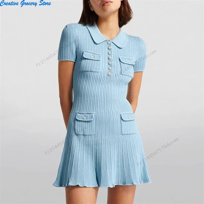 2025 Spring/Summer New Polo Neck Short Sleeve Knitted Dress Y2K Fashion Commuter Elastic Slim Fit Multi Pocket Wrapped Hip Skirt