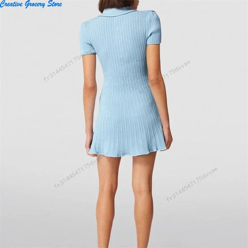 2025 Spring/Summer New Polo Neck Short Sleeve Knitted Dress Y2K Fashion Commuter Elastic Slim Fit Multi Pocket Wrapped Hip Skirt