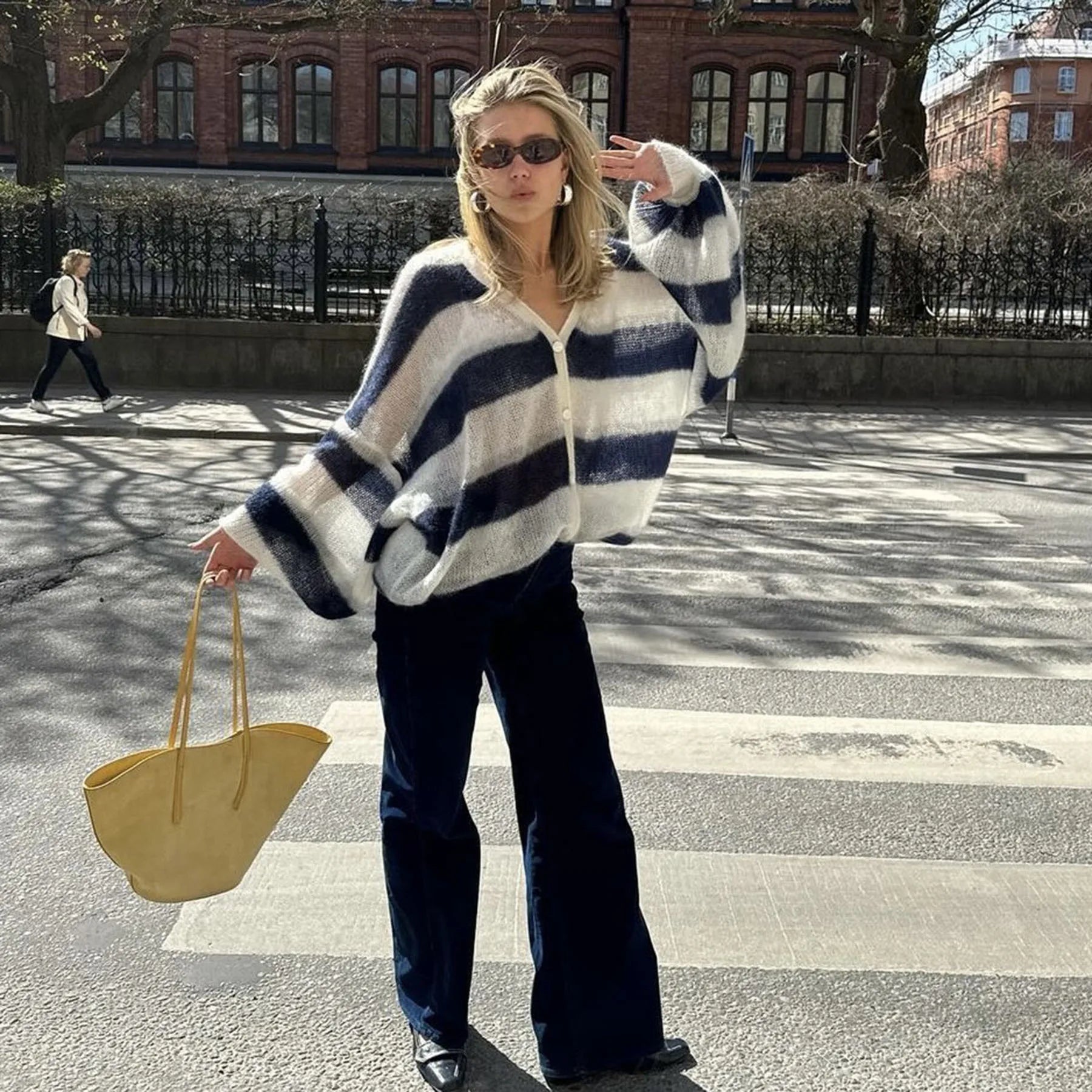 TARUXY Fashion Striped Sweater Cardigan With Scarf Female Loose Thin Hollow Knitted Top Lantern Sleeve Contrast Color Retro Top