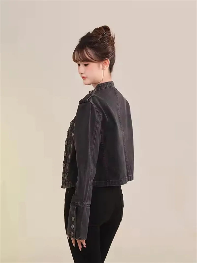 Women's American Retro Denim Military Inspired Cropped Denim Jacket Long Sleeve Stand Collar Jeans Coat Casual Motorcycle Coat