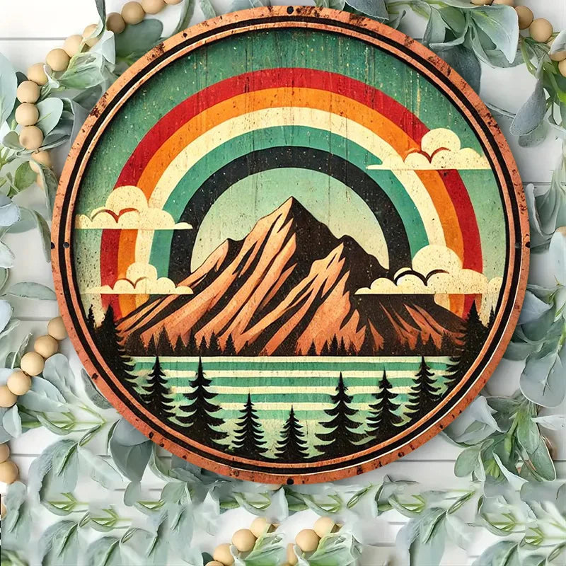 1pc Vintage Rainbow Mountain Design Metal Sign, Waterproof HD Print, 8x8 Inch Wall Decor for Home & Office