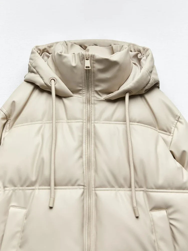 Women's Autumn Winter New Thickened Warm PU Imitation Leather Short Hooded Padded Jacket Top Faux Leather Parka Jacket Coat