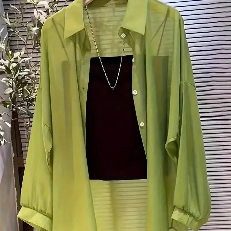 New Women's Shirt | Lightweight Breathable, Solid Color, Straight Button Placket, Lapel, Long-Sleeve, Outerwear & Sun-Protective