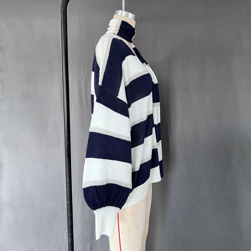 TARUXY Fashion Striped Sweater Cardigan With Scarf Female Loose Thin Hollow Knitted Top Lantern Sleeve Contrast Color Retro Top