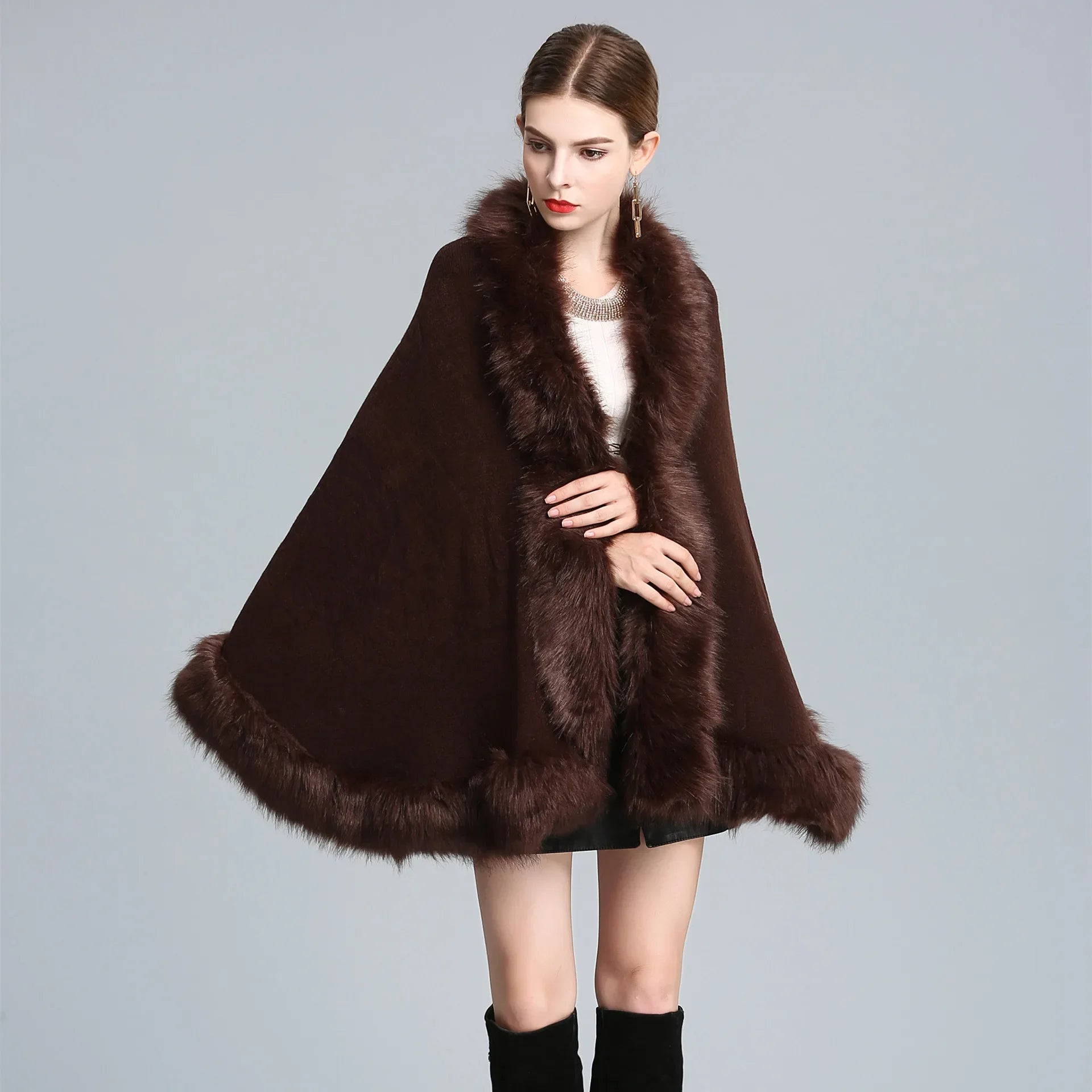 13 Colors Faux Fox Fur Collar Wool Cashmere Poncho Capes New Winter Women Black White Knitted Cardigan Loose Emboss Shawl Coat