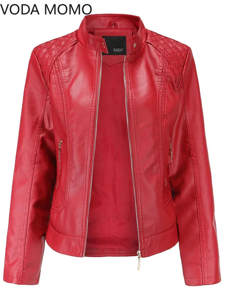 Women's Elegant Stand-up Collar Solid Jacket 2022 Female Three-dimensional Pattern Coat S-4XL New Pu Faux Leather Jacket Women