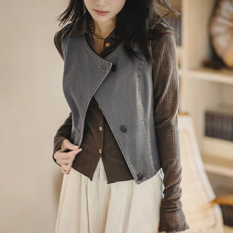 Maden Casual Sleeveless Cardigan Vest Women's Spring and Summer Vintage Single Breasted Layering Waistcoat Versatile Tank Tops