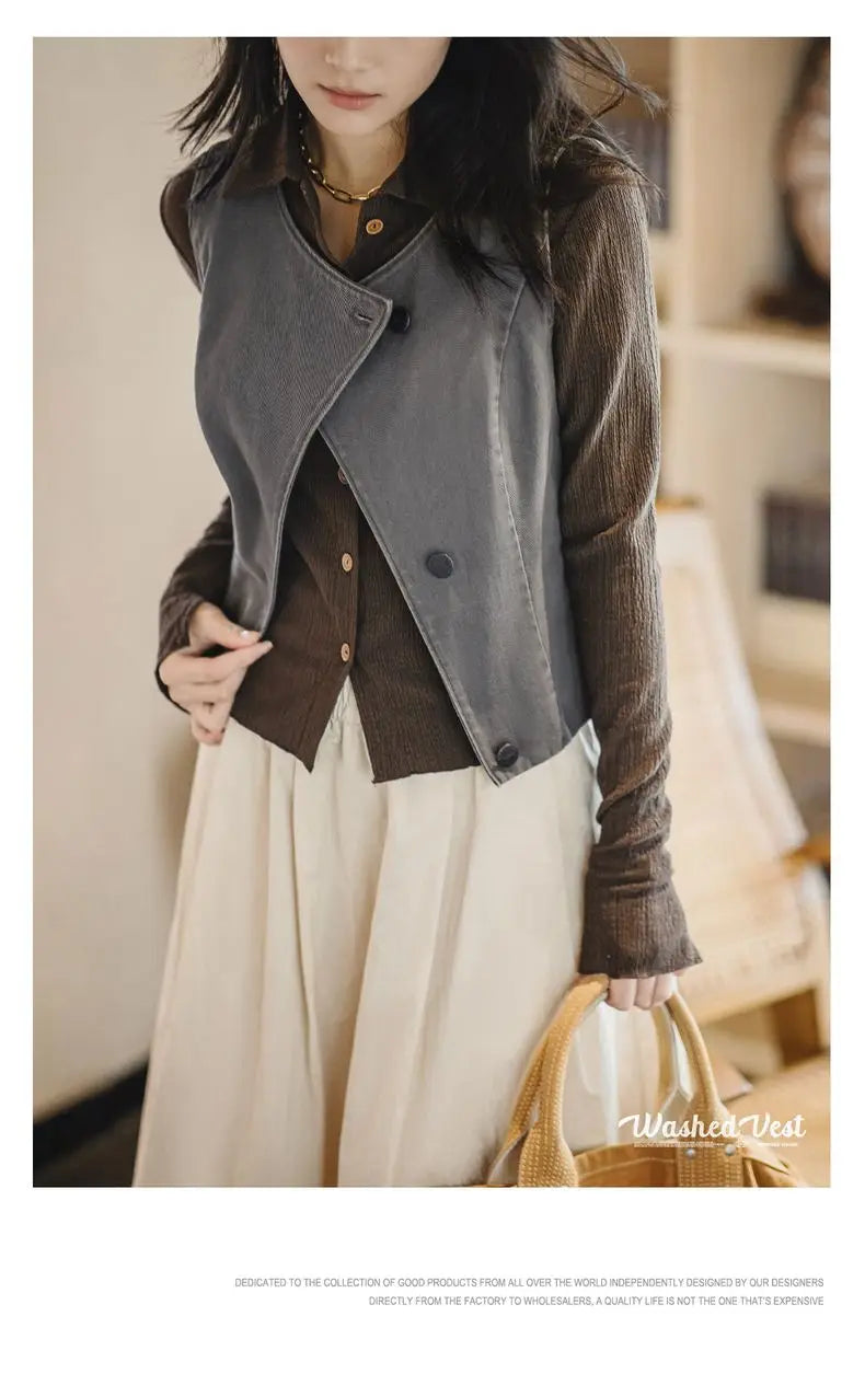 Maden Casual Sleeveless Cardigan Vest Women's Spring and Summer Vintage Single Breasted Layering Waistcoat Versatile Tank Tops